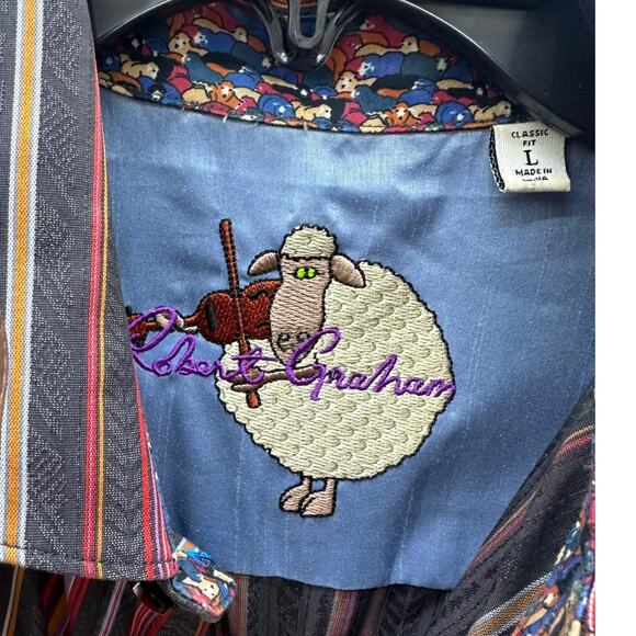 Robert Graham Shirt Mens Large Long Sleeve Striped Flip Cuff Sheep Violin - Picture 4 of 4